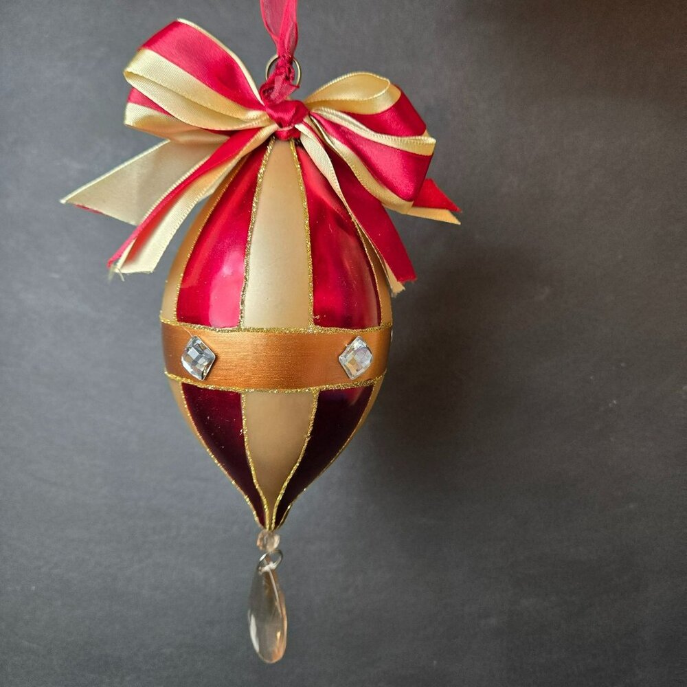 Frontgate Red Gold Drop Ornament With Ribbon And Crystal Accent 8" Hanging Decor